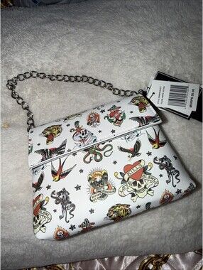 Ed Hardy White Tattoo Print Kiss Clasp Coin Purse Evening Bag With Chain